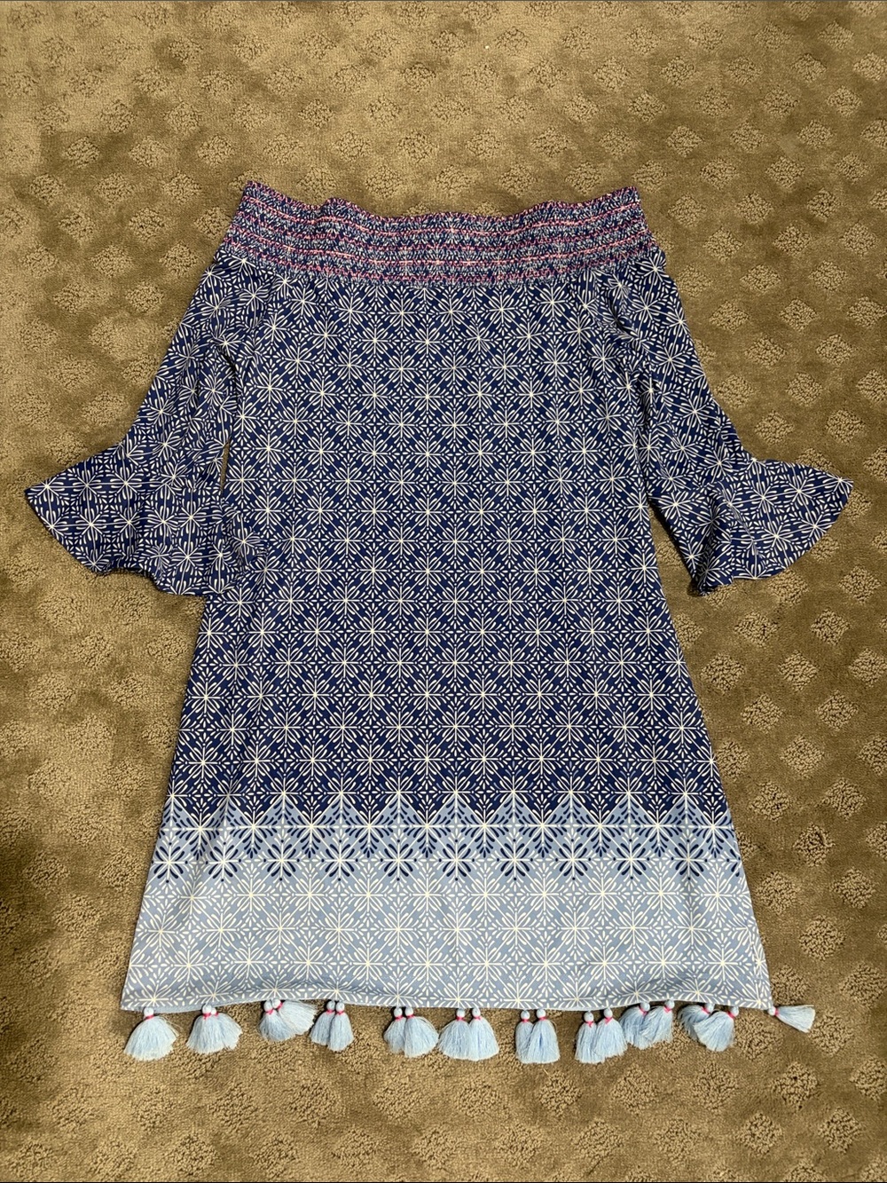 Cabana Life Blue White Printed Off-Shoulder Tassel Dress